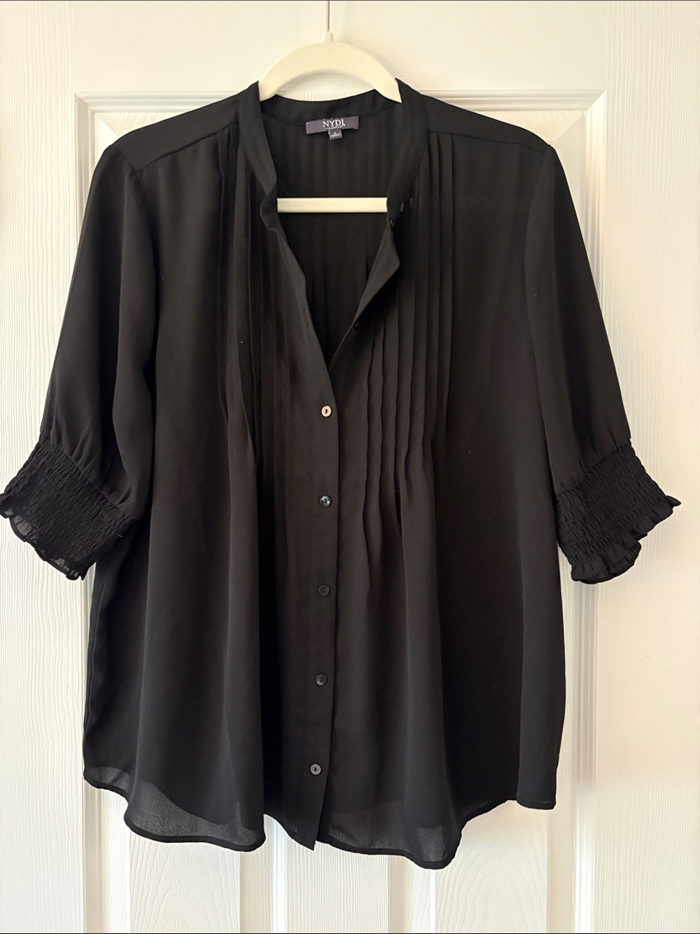NYDJ Black Pleated Button-Front Blouse with Smocked Sleeves